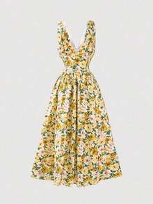 Amore Look For A Wedding Guest: Long Blue Dress With Floral Print, V-Neck, Sleeveless, High Waist And A-Line Silhouette, Perfect For Graduations, Parties, Summer Holidays Or An Elegant Afternoon Tea - 黃色 - 查看 7