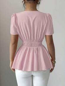 Nueva blusa elegante y casual ajustada con diseño de volantes, cuello en V, mangas de volantes, decoración de cintura, botones y bajo cruzado de tela tejida - Rosa - Ver 2
