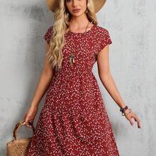YijiaNvz Faunlyn Vestido midi de mujer de manga corta y manga de murciélago con estampado floral, para verano - Naranja - Ver 4