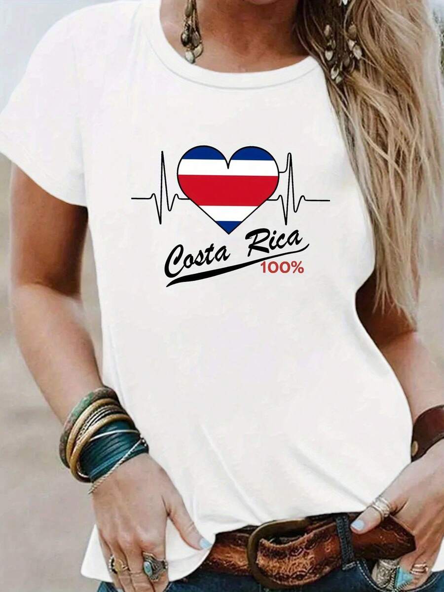 Camiseta con Estampado de  Rica, Manga Corta y Cuello Redondo Casual para Verano y Primavera, Ropa de Mujer - [Blanco] - Ver 1