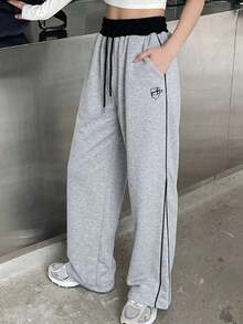 Pantalones casuales de mujer con estampado, cintura con cordón y bolsillos - Gris 2 - Ver 6