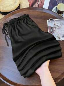 Pantalones anchos de pierna ancha de satén negro de larga duración con ajuste cómodo para mujeres, pantalones de satén negro, pantalones de seda para mujeres, pantalones de satén negro, pantalones de seda negra, pantalones casuales para mujeres - Negro - Ver 2