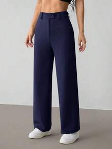 Pantalones rectos de unicolor casual para mujer - Azul marino - Ver 7