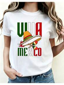 Blusa casual para mujer con temática mexicana, que presenta diseños de sombrero mexicano, maracas y chiles, ideal para ocasiones festivas y climas cálidos. Es un regalo perfecto para amigos y familiares amantes de la cultura mexicana. El cuello redondo con estampado 01 es adecuado para todas las estaciones. Camisetas de algodón para mujer. - Blanco - Ver 6