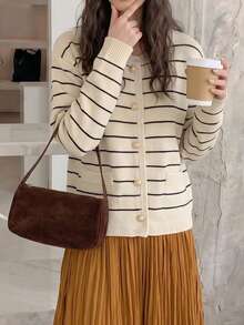 JIANHU Áo khoác cardigan kẻ sọc tối giản, đa năng, phong cách thường ngày, màu trắng Thu/Đông. - trắng - Xem 10