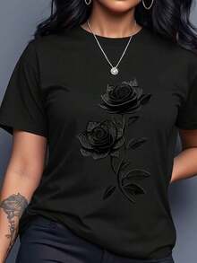 Plus Size Plain Round Neck Short Sleeve T-Shirt, Versatile And Practical - Black - View 6