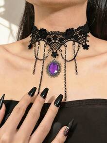 1pc Women's Retro Gothic Choker Necklace, Dark Style Lace Collar Necklace - Multicolor - View 10