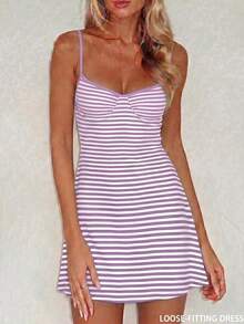Vestido mini de tirantes finos a rayas, versátil y sexy para vacaciones, nuevo conjunto de vestido de playa para primavera/verano - Lila Púrpura - Ver 2