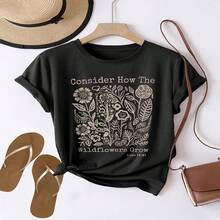 Women's Light Gray T-Shirt With Wildflower And Letter Print - Short Sleeve, Casual Crew Neck, Soft And Durable Fabric, Comfortable Fit For All Seasons, Machine Washable - 黑色 - 查看 1
