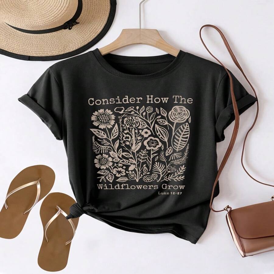 Women's Light Gray T-Shirt With Wildflower And Letter Print - Short Sleeve, Casual Crew Neck, Soft And Durable Fabric, Comfortable Fit For All Seasons, Machine Washable - 黑色 - 查看 1