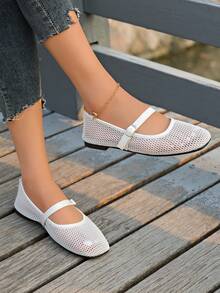 1 Pasang Sepatu Flat Berbahan Jala yang Modis dan Bernapas, Cocok untuk Perjalanan Sehari-hari, Jalan-jalan Musim Panas, Belanja, Bersantai di Rumah, dan Lainnya, Menambah Pesona di Setiap Langkah Anda. - Putih - View 4