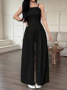 Mono de pierna ancha holgado con pliegues plegados de unicolor para uso casual y diario de verano para mujeres - Amarillo - Ver 9