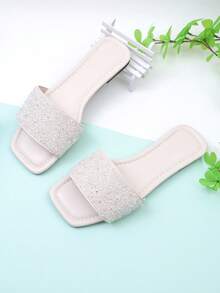 Sandalias planas con estampado de serpiente dorada y diseño cruzado para niña, sandalias de playa de verano con punta cuadrada de metal - Beis - Ver 5