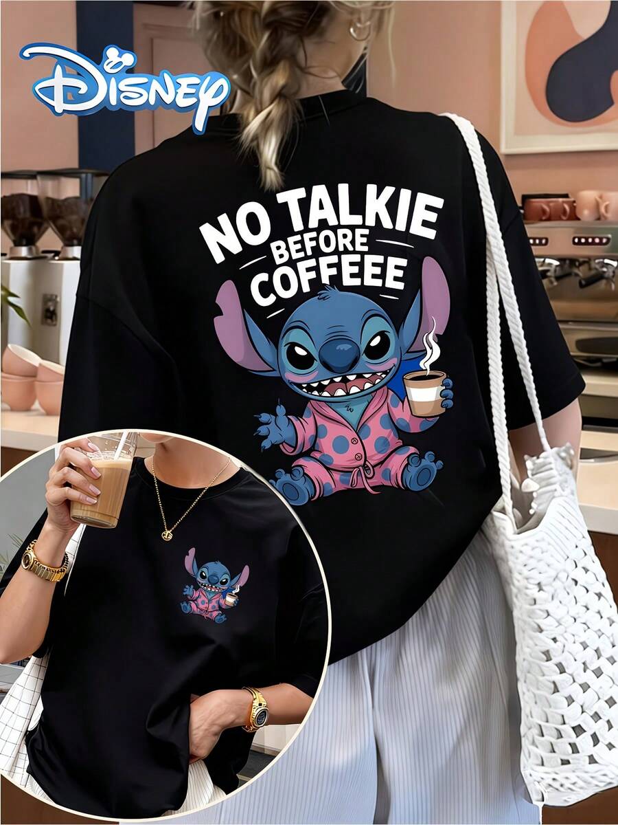 Disney Licensed, Best-Selling Women's Print: Minnie Mouse Head, Diamond Sparkle, Bow, Fashionable And Cute Printed Short-Sleeved Crew Neck T-Shirt. Crew Neck, Casual, Comfortable, Stylish, And Versatile, Suitable For Spring, Summer, And Autumn. Optimistic Design, Elastic Fabric. - màu đen - Xem 1