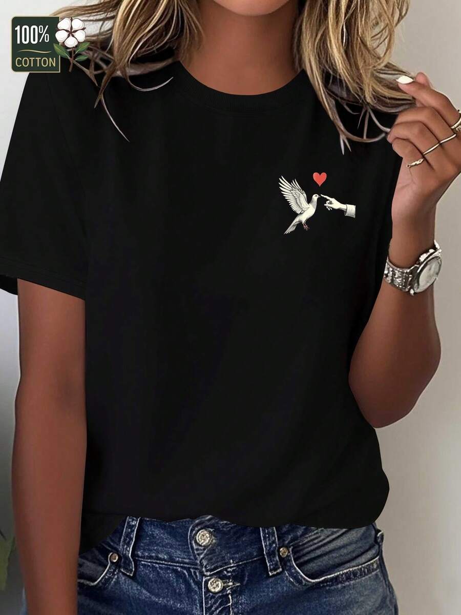 Talla grande - talla extra grande - camiseta de mujer, hecha de algodón puro, tela ligera y transpirable, diseño de cuello redondo, diseño estampado, corte de manga corta, adecuada para primavera y verano. - Negro - Ver 1
