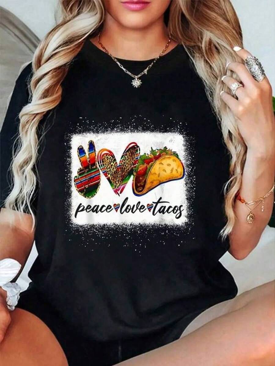 Camisetas unisex moda100% Cotton Peace Love Tacos Shirt Cute Taco Tuesday Mexican Food Lovers T-Shirt Summer Outfits For Women Oversized Tshirts,Camisetas infantiles con dibujos animados, camisetas de cuello redondo, camisas, camisetas gráficas divertidas para hombre, camisetas con estampados de anime japonés. - Negro - Ver 1