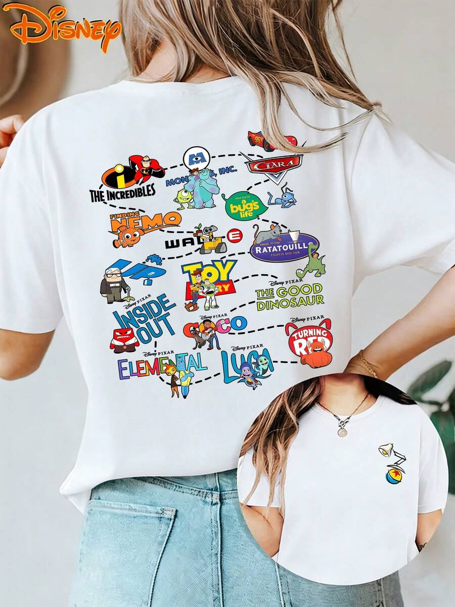 Disney Licensed, Best-Selling Women's Print: Minnie Mouse Head, Diamond Sparkle, Bow, Fashionable And Cute Printed Short-Sleeved Crew Neck T-Shirt. Crew Neck, Casual, Comfortable, Stylish, And Versatile, Suitable For Spring, Summer, And Autumn. Optimistic Design, Elastic Fabric. - trắng - Xem 1