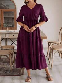 Vestido de mujer de unicolor con mangas con volantes, estilo casual para vacaciones - Morado - Ver 7