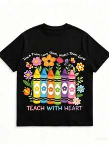 Mexican Basics | 100% Pure Cotton And Breathable | Plus Size Teacher Appreciation T-Shirt - Heart Teaching Graphic, Pastel Colors - Soft And Breathable Cotton Daily Gift For Teachers For Teacher's Day, Back To School - Casual Teacher Clothing, Unisex Summer Top New Launch - 黑色 - 查看 6