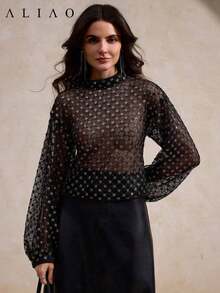 Blusa elegante con mangas de linterna bordada con lentejuelas ALIAO, versátil para ir al trabajo, citas, uso diario, brillante para fiestas de vacaciones - Negro - Ver 3