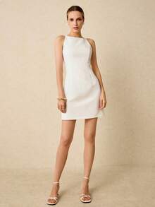 Elegant Solid Color Sleeveless Short Dress For Women, Formal Dress, Wedding Dress, White Prom Dress, Casual Office Dress - 白色 - 查看 7