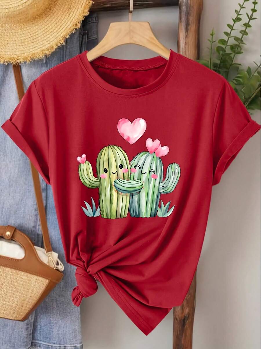 Camiseta de manga corta para mujer, estilo elegante, con estampado de corazón y cactus, cuello redondo, ideal para primavera, verano, otoño, moda, viajes diarios, versátil, casual, elegante, estilo retro, disponible en tallas S-XXL - [Rojo] - Ver 1