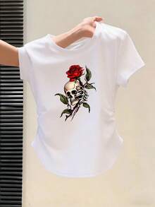 Blusa casual para mujer, camiseta deportiva de manga corta a la moda - camiseta rosa con estampado de calaveras y rosas en estilo romántico oscuro, top casual cómodo y fácil de combinar con cuello redondo, mezcla de poliéster de manga corta adecuada para todas las estaciones, disponible en múltiples colores, perfecta para reuniones familiares, regalos festivos y salidas diarias para mostrar tu calidez y encanto, un artículo imprescindible, playeras de mujer algodón. - Blanco - Ver 12