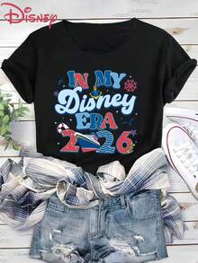 Disney Mickey Mouse Print Women'S T-Shirt, Casual Fashion Crew Neck Short Sleeve Summer Top, ' College Style Cartoon Breathable Sweatshirt, Outdoor Daily Casual Wear - màu đen - Xem 3