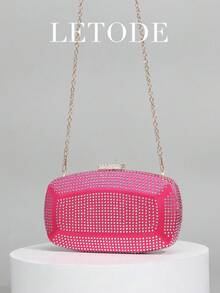 Shiny Rhinestone Hot Pink Clutch Bag, Suitable For Party, Romantic Wedding, Spring/Summer Chain Shoulder Bag, Bridal Bag, Formal Ball Clutch, Elegant Evening Gown Bag, Perfect For Party, Wedding, Ball Dinner, Matches Holiday Party Dress, Evening Gown And Sequin Dress, Perfect Match For Women's Party Dress, Essential For Wedding, Perfect Match For Graduation Dress, Ball Gown And Ball Accessories, Wedding Clutch - Hot Pink - View 8