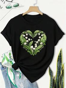 Camiseta de talla grande para mujer - Camiseta con estampado floral en verde oliva con diseño de corazón de lirio de los valles, tela suave y transpirable, cuello redondo, camiseta casual para uso diario, lavable a máquina, para primavera y verano, estampado de estilo natural, material no transparente. - Negro - Ver 1