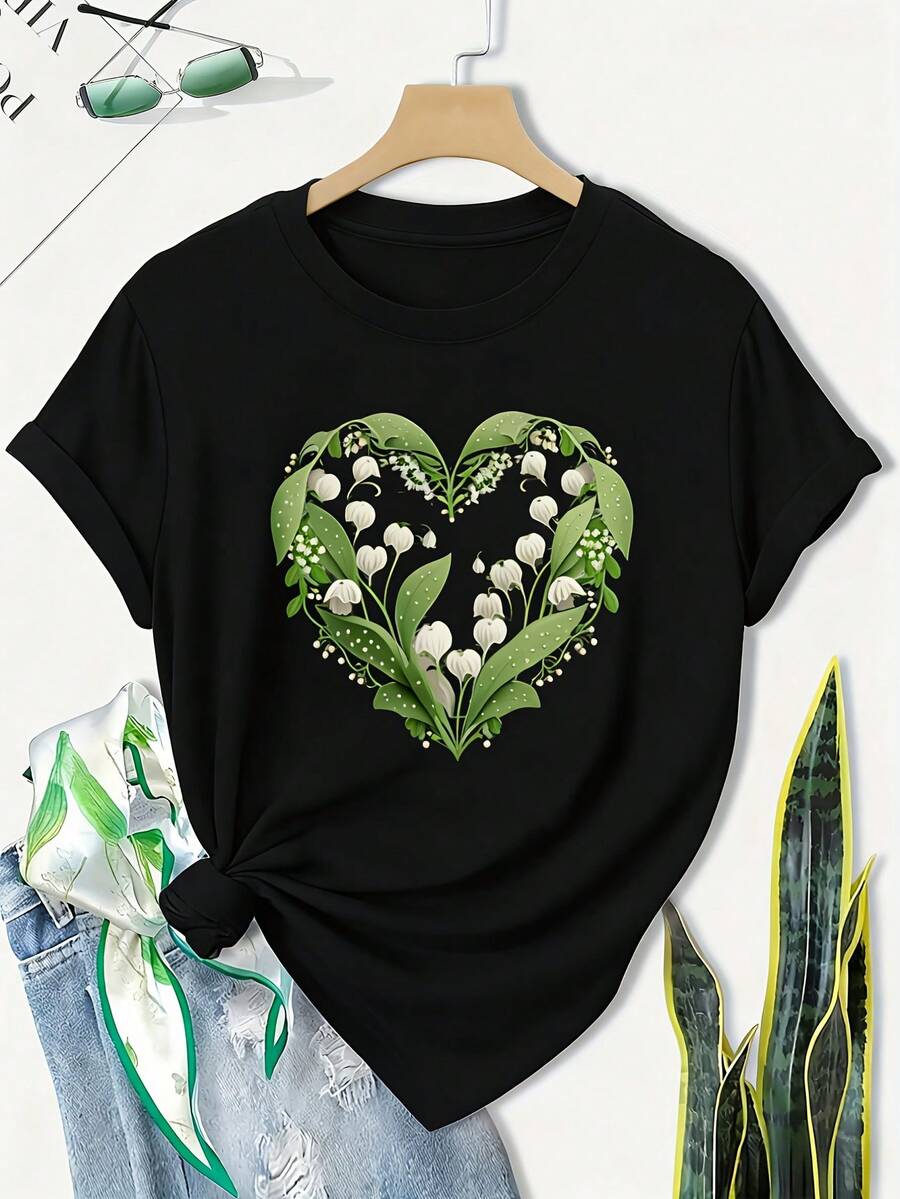 Camiseta de talla grande para mujer - Camiseta con estampado floral en verde oliva con diseño de corazón de lirio de los valles, tela suave y transpirable, cuello redondo, camiseta casual para uso diario, lavable a máquina, para primavera y verano, estampado de estilo natural, material no transparente. - Negro - Ver 1