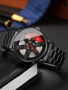 Set de 2 relojes con dial de rueda creativo, relojes deportivos de moda para hombres, regalo para el novio (caja de reloj no incluida) - Negro - Ver 5