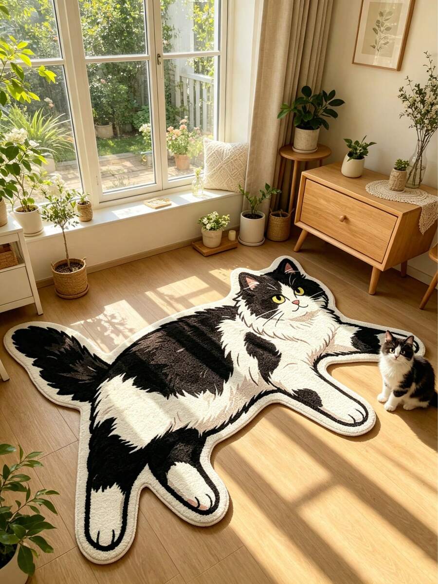 1pc Cow & Kitten Pattern Area Rug, Living Room Carpet, Washable Decorative Floor Mat, Large Round Carpet For Living Room, Home Decor, Graduation Gift - Cow Cat - View 1