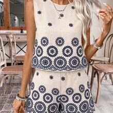 Soqi Women's Clothing  Holidaya Vestido estampado sin mangas de cuello redondo de tela tipo lino para vacaciones - Albaricoque - Ver 7