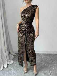 Vestido de mujer elegante con escote en V, cintura ceñida y frente retorcido sin mangas, de tela con estampado de leopardo, adecuado para ir al trabajo, uso casual, festivales, fiestas, primavera/verano - Multicolor - Ver 5
