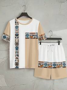 Men's Summer Vacation Set: Geometric Print Short Sleeve Set, Lightweight And Breathable Beach Wear, Suitable For Vacation And Casual Style - Multicolor - View 3