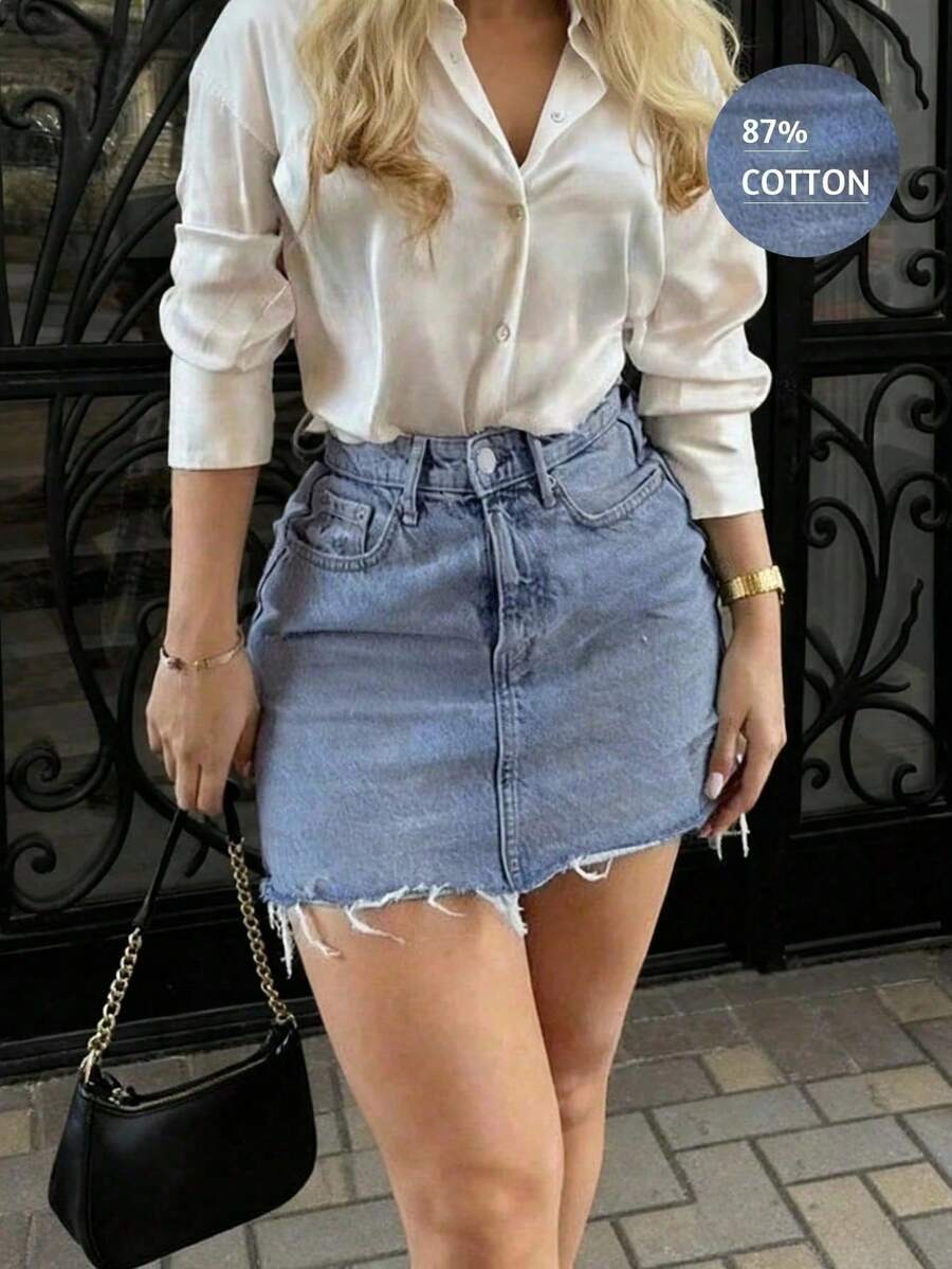 Minifalda de mezclilla con dobladillo deshilachado estilo vintage Y2K, falda ajustado ajustada de cintura alta con forma de corazón, diseño de verano, vestido de verano para mujer, ropa de verano para mujer, falda de mezclilla, ropa casual - Azul - Ver 1