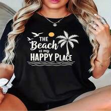 1 pieza de playera  para hombre y mujer, 100% algodón puro, cuello redondo casual con estampado, manga corta transpirable para uso diario. La playa femenina es mi fuente de alegría, estampada. - Negro - Ver 2