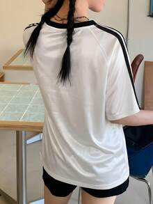 星河女孩 V 領寬鬆聚酯纖維親膚極簡側條紋短袖針織白色女上衣，休閒居家與夏季運動 - 2A14白拼黑 - 查看 3