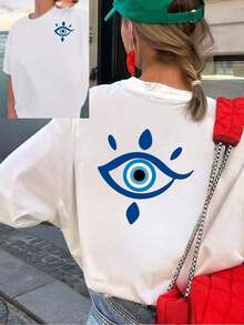 Nueva Colección de Verano 2026, Camiseta de Moda para Mujer, Estampado Frontal y Trasero con el Ojo Turco, Camiseta con Estampado de Amuleto, Top Casual de Manga Corta y Cuello Redondo, Adecuada para Verano y Primavera, Ropa de Mujer, Top de Manga Corta para Damas, Camiseta de Verano para Damas, Estampado Frontal y Trasero. - Blanco - Ver 6