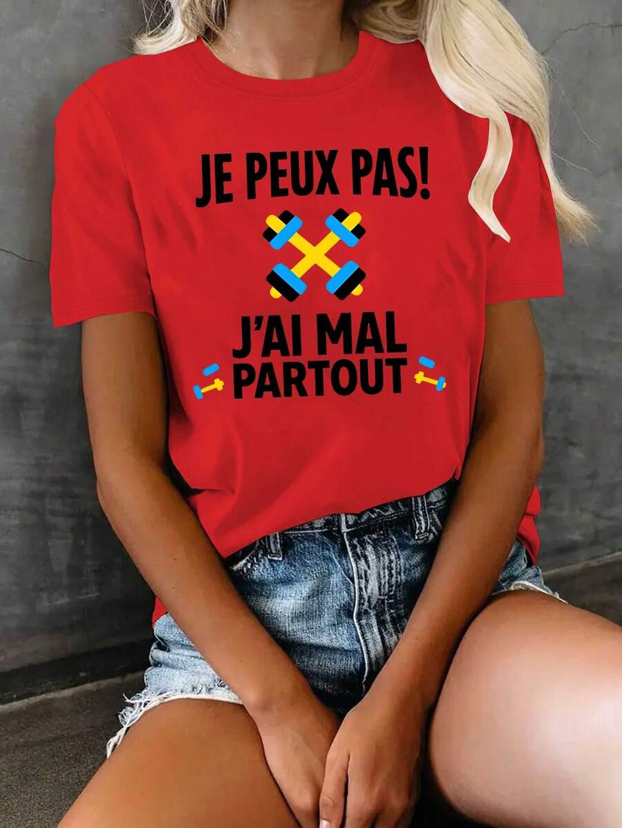 Women's T-Shirt With French Quote - "Je Peux Pas!" "J'ai Mal Au Partout" Is A Fun French Phrase, A 100% Casual Short-Sleeved T-Shirt With French Text And A Face Design, Comfortable For All Seasons, Suitable For Casual Wear And For French Students, With A Geometric Pattern, Machine Washable, Loose Fit, Stylish And Comfortable, French-Inspired Casual Wear, Casual Blouse For Women. - 紅色 - 查看 1