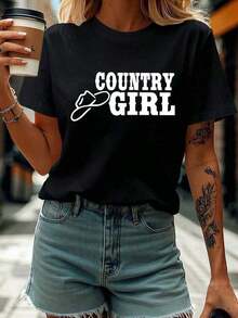 1 pieza Camiseta de Mujer Estilo Vaquero Occidental Vintage con Estampado de Letras - Manga Corta, Cuello Redondo, Top de Primavera Verano con Estampado, Atuendo Casual de Rancho, Camiseta de Algodón Cómoda y Lavable, 180g Algodón 100% - Negro - Ver 7