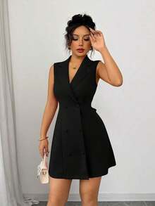 Nuevo vestido mini de mujer con diseño de lazo, de cuello de solapa, doble botonadura, escote en V profundo, sin mangas, ajustado, versátil para fiesta, cita, joven, elegante, pequeña y sexy - Negro - Ver 7