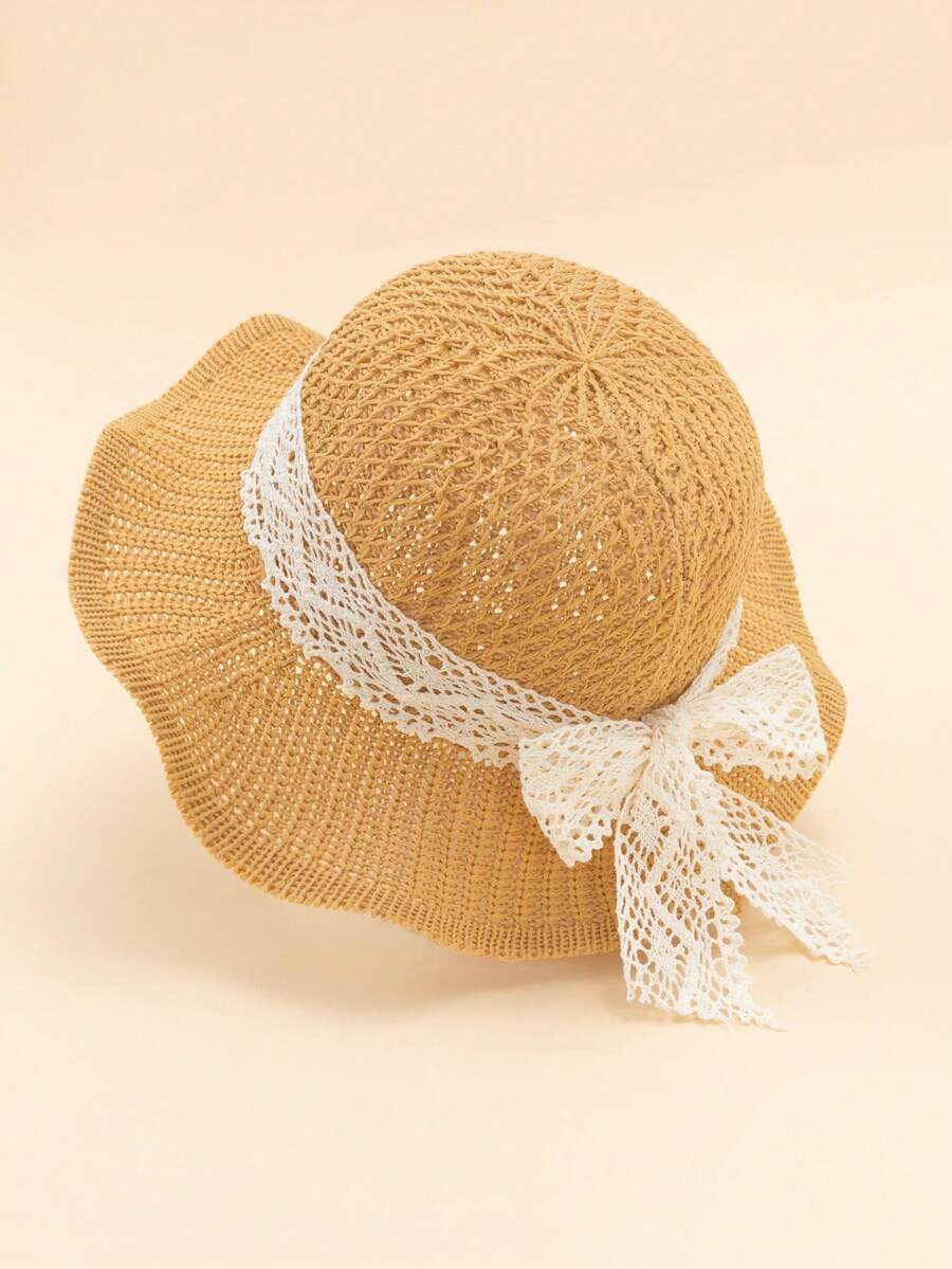 1pc Kids Straw Sun Hat With Flower Trim, Unisex Children Summer Wide Brim Paper Straw Hat, Casual Daily Wear - Wave - View 1