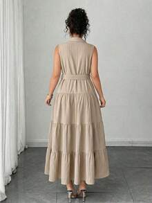 Vestido camisero de talla grande para mujer, de unicolor, casual, con un solo botón delantero y sin mangas, vestido plisado, para verano - Albaricoque - Ver 3