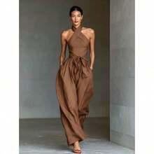Mono nuevo para mujer de lino con tirantes cruzados, cordón ajustable y pantalones anchos - color café - Ver 3