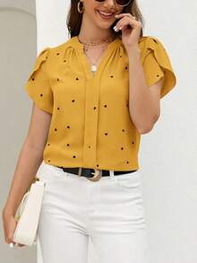 Blusa de mujer de escote en V con estampado de corazón y mangas con volantes para el verano y la playa - Amarillo - Ver 1