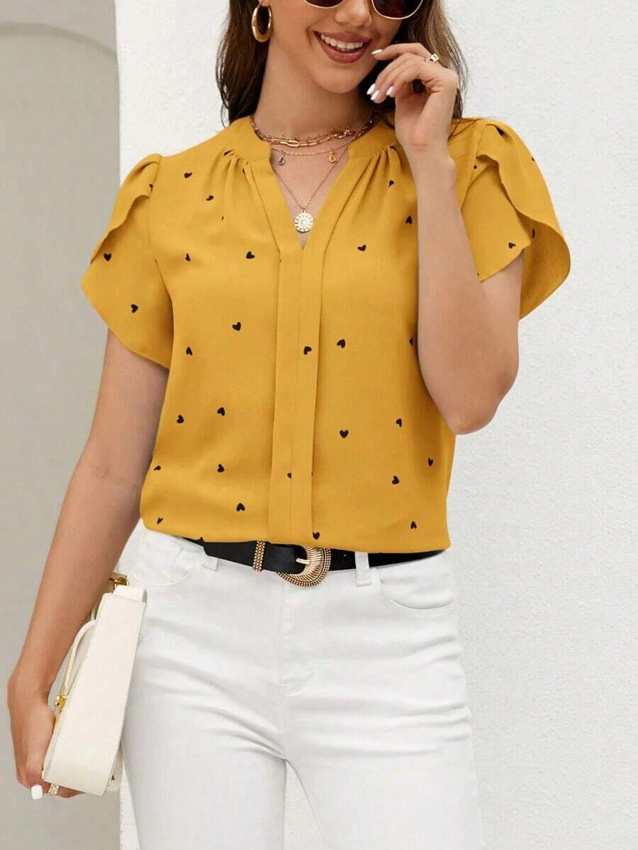 Blusa de mujer de escote en V con estampado de corazón y mangas con volantes para el verano y la playa - Amarillo - Ver 1