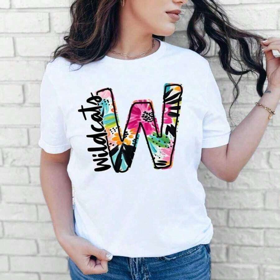 Personalized WILDCATS T-Shirt, Mascot Sportswear For Baseball, Soccer, Floral Initials, Teachers, Back To School, Mom T-Shirt, Breathable And Comfortable - Trắng 13 - Xem 1