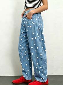 Women's Fashion Polka Dot Wide Leg Jeans, Loose Barrel Pants At The Mid-Waist, Aesthetic And Casual Y2k Jeans, Suitable For Everyday Street Wear - 淺藍色 - 查看 2